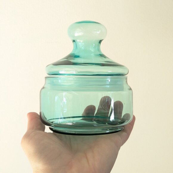 Vintage 2 LUMINARC aqua blue glass storage jars, Coastal FRENCH apothecary jars - Picture 4 of 6